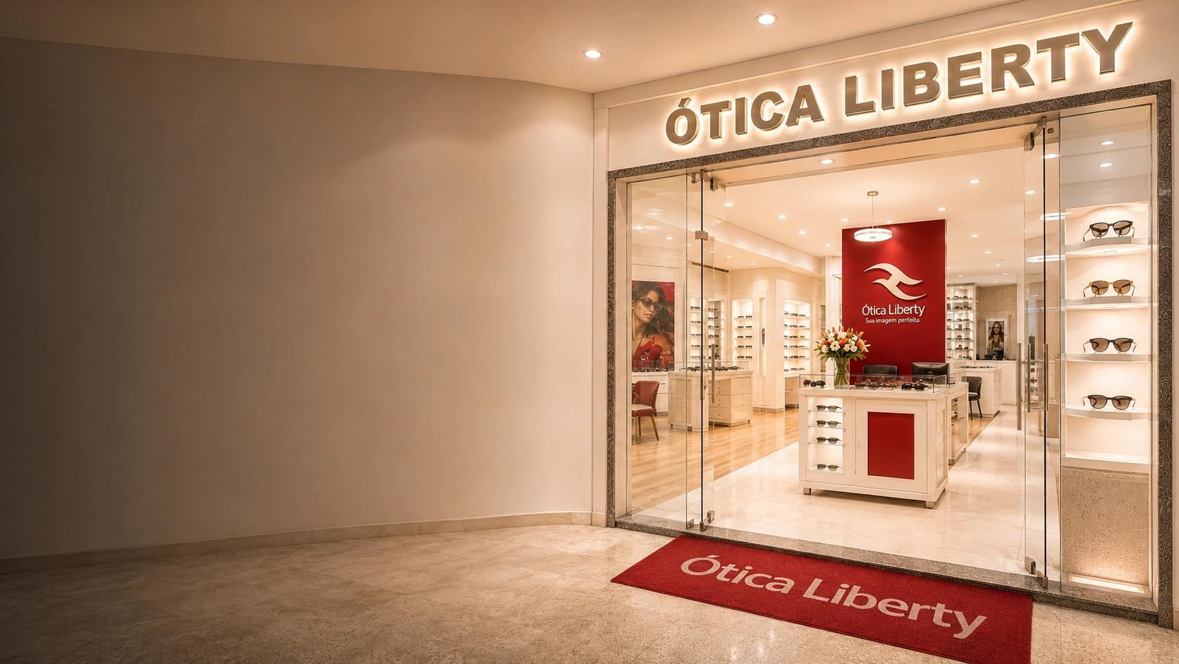 Fachada e interior da Ótica Liberty em Itajaí